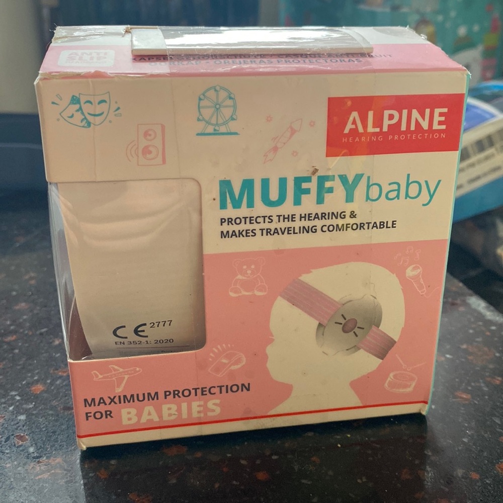 Alpine Brand pink baby ear muffs with gray/white polka dot travel bag